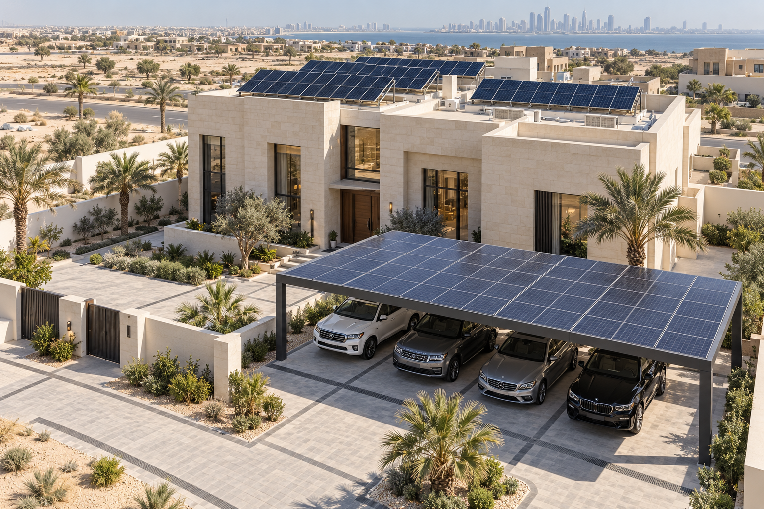 Architectural concept of a villa with rooftop solar and a solar parking canopy